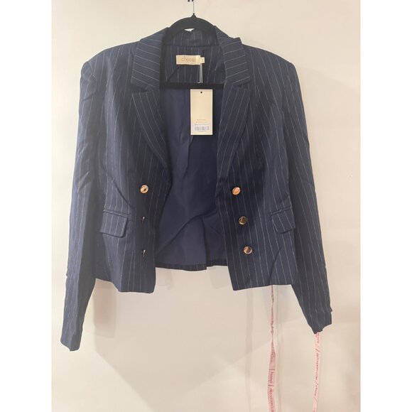 Choosy Womens Navy Pinstripe Blazer Size 12 With Gold Button Accents - Picture 3 of 8